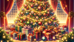 雪が降る窓の外を背にして、色とりどりの飾り付けが施された大きなクリスマスツリーのイラスト。ツリーの周りには様々な包装紙で包まれたプレゼントが並び、部屋は祝祭の雰囲気に満ちている。