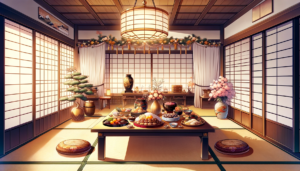 日本の伝統的な食卓が設えられた部屋のイラスト。新年のお祝いのための豪華な食事が準備され、背景には節句飾りがある。部屋は温かい光で照らされ、お正月の雰囲気が感じられる。