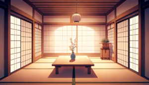 シンプルながらも温もりを感じさせる日本の部屋のイラスト。中央には小さなテーブルがあり、その上には梅の花が飾られている。穏やかな日の光が部屋を優しく照らしている。