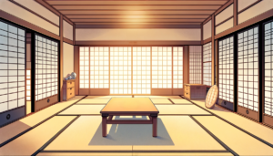 日本の伝統的な部屋のイラストで、部屋の中央には低いテーブルが置かれている。部屋全体に暖かい日の光が差し込み、静かで落ち着いた雰囲気を醸し出している。