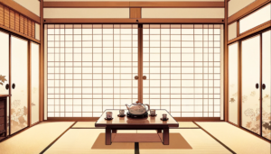 茶道を思わせる日本の部屋のイラスト。小さなテーブルの上には茶器が整然と並べられており、部屋のシンプルさが静寂と調和を感じさせる。