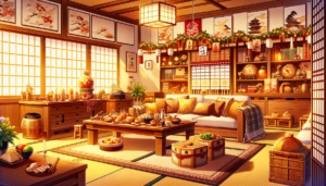 明るく温かい雰囲気の日本の家庭の部屋のイラスト。新年の装飾が施され、壁には美しい掛け軸が飾られており、リビングスペースにはくつろげるソファが設置されている。