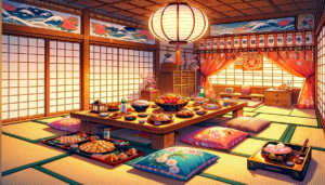 新年のお祝いのために装飾された日本の家庭の部屋のイラスト。部屋は節分豆やお餅などの伝統的な飾りで飾られ、正月料理が美しく盛り付けられたテーブルが中央に置かれている。