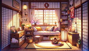 居心地の良い和室には、白いソファがあり、窓からは桜の木が見えます。部屋は伝統的な飾りで装飾され、床の畳や書棚が和のテイストを強調しています。