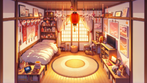 正月を迎える準備が整った寝室。壁には日本の風景画が飾られ、窓際にはお正月の飾りがたくさんあります。ベッドの横には小さな作業スペースがあり、和風のインテリアが心地よい空間を作り出しています。