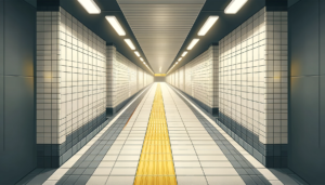 地下鉄のプラットフォームを連想させる通路のイラスト。白いタイルの壁と床が清潔感を演出し、黄色いラインが案内の役割を果たしている。通路を照らすのは明るい蛍光灯で、遠くに小さな出口の光が見える。