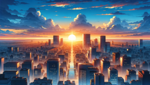 都市のスカイラインを背景に、日の出がビルの間から昇るイラスト。雲間からの柔らかな光がビルの窓に反射し、平和で希望に満ちた新しい日の始まりを象徴している。
