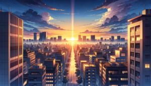 高層ビルの隙間から朝日が昇る都市の景色を描いたイラスト。オレンジと青のコントラストが美しく、清新な朝の始まりを表している。