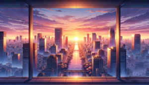 オフィスビルの窓越しに見た、都市の日の出のイラスト。窓の枠がこの美しい光景を一枚の絵のように捉えている。