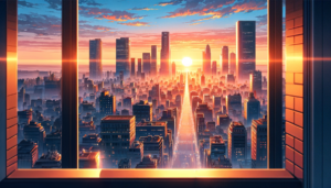 オフィスビルの窓から見た都市の日の出のイラスト。ビル群を縫うようにして昇る太陽が、金色の光で街を満たし、朝の活動の始まりを告げている。