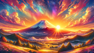 富士山を背景にした、カラフルな朝焼けのイラスト。空はピンク、オレンジ、青のグラデーションで彩られ、光の柱が天に向かって伸びている。