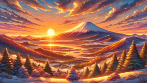 雪をかぶった富士山とその周囲の自然が、日の出に照らされているイラスト。朝日が山々を金色に染め上げ、新しい一日の始まりを感じさせる。