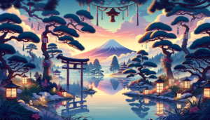 富士山を背景にした神秘的な日本庭園のイラスト。水面に映る景色と、松の木、鳥居、提灯が和の雰囲気を演出しています。