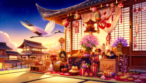 白鳥が飛ぶ様子を描いた日本の伝統的な家屋のイラスト。新年を祝う飾りつけが豊かに施されています。