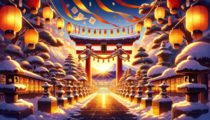 雪に覆われた神社の参道を描いたイラスト。夕暮れ時の穏やかな光が、雪景色を暖かく照らしています。