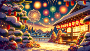 雪が積もった日本の家屋と松の木に赤い提灯が吊るされ、背景の夜空には華やかな花火が打ち上げられています。