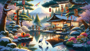 冬の雪が積もる庭園とその中央にある池には、鶴が一対で優雅に佇んでおり、遠くには富士山が見えます。