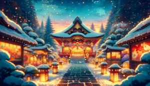 雪が降る夜に照明された神社の鮮やかな風景。提灯と飾り付けが、冬の夜の雰囲気を高めています。