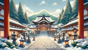 雪が積もった神社の鳥居を通じて見える富士山を背景にした、冬の日本の神社の入り口のイラスト。赤い鳥居の両側には雪をかぶった松の木があり、参道には石灯籠が並んでいる。