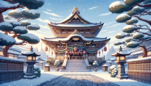 大晦日や新年を迎える準備として、門松や絵馬、提灯で飾られた神社の本殿のイラスト。雪が積もった屋根と階段があり、冬の静けさが感じられる。