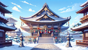晴れた冬の日に、雪が積もった神社の本殿のイラスト。屋根には繊細な彫刻が施され、階段の両側には雪に覆われた石灯籠が設置されている。