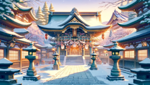 桜の木が背景にある神社の本殿のイラスト。雪が積もり、緑の灯籠が光る中、正月飾りが美しく飾られており、冬から春への移り変わりを感じさせる情景。