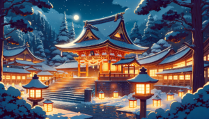 冬の夜に照らされた神社のイラスト。雪がちりばめられた木々と建物の間に明るく光る灯籠があり、静寂と平和の雰囲気を醸し出している。