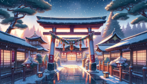 雪が積もった神社の鳥居をくぐり、正面に本殿が見えるイラスト。新年を迎えるために飾られた門松や飾りがあり、朝焼けの空が平穏な雰囲気を演出している。
