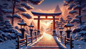 積雪の中にある神社への長い参道を描いたイラスト。参道の両側に立つ石灯籠からは柔らかな光が漏れ、雪をかぶった松の木々が静けさをもたらしている。