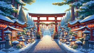 雪化粧をした神社の入り口のイラスト。鳥居とその両側の灯籠が行き交う人々を迎え入れ、新年の祝福の装飾が施されている。