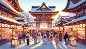 新年の神社参拝を描いたイラスト。人々が和服を着て列を成し、神社の本殿に向かって歩いている。参道には灯籠が並び、本殿は温かい光で照らされている。