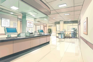 青い照明で照らされた病院のナースステーションのイラスト、複数のワークステーションとオフィス機器が配置されている