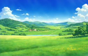 春の風景をイメージした草原や丘の背景イラスト05
