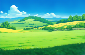 春の風景をイメージした草原や丘の背景イラスト06