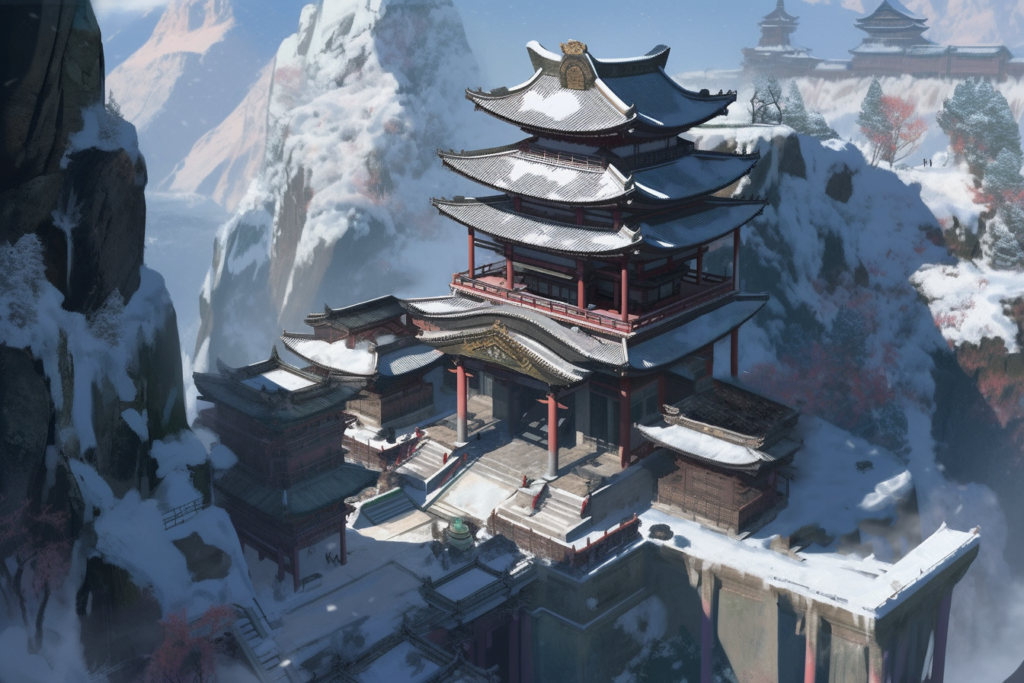 山岳寺院の背景イラスト11（冬、winter）