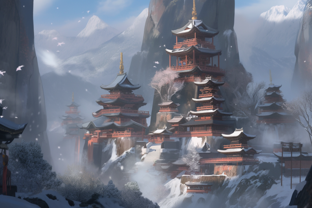 山岳寺院の背景イラスト12（冬、winter）