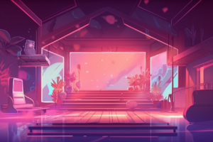 アニメ風で綺麗な色彩の音楽スタジオの背景イラスト02