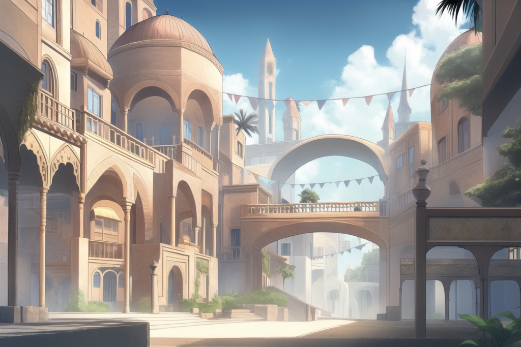 中東ファンタジー風の街中の背景イラスト01