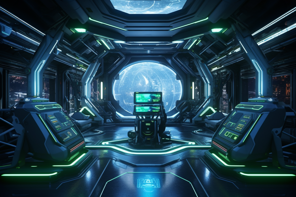 緑を基調とした操縦部屋。近未来のデバイス、モニター