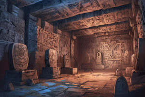 石の床と象形文字で覆われた天井を持つ、広くて暗い部屋が描かれているイラスト。部屋には多数の石柱があり、その中には象形文字が描かれている