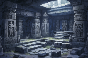 石の床と高い天井、石柱を持つ、広く開放的な遺跡内部のイラスト。
