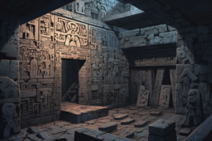 遺跡内部のイラスト。石の床と象形文字で覆われた天井。広くて暗い部屋が描かれている