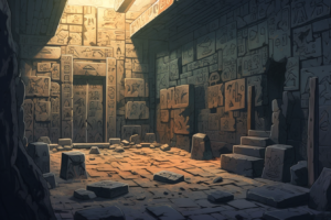 遺跡内部のイラスト。石の床と象形文字で覆われた天井を持つ、広くて暗い部屋が描かれています。部屋には無数の石のブロックが置かれ、中には積み上げられたものもあり、独特の神秘的な雰囲気を醸し出しています。