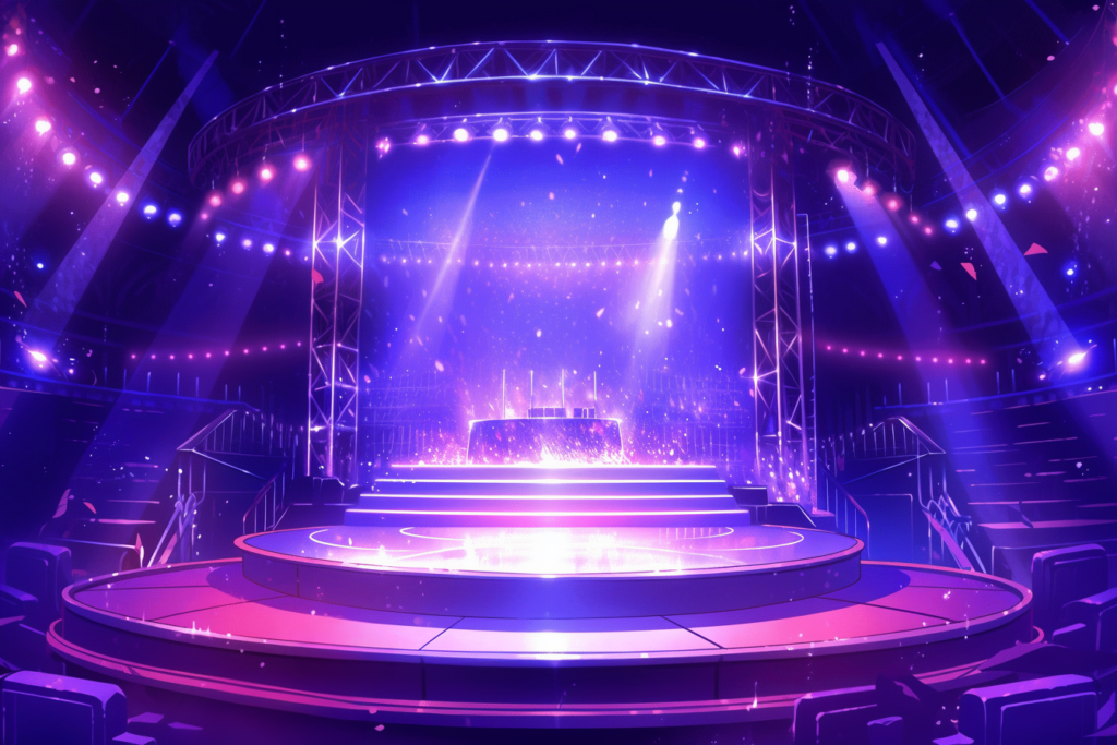 紫の照明で飾られたステージ、周囲に配置された椅子