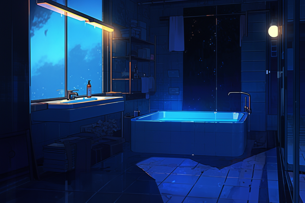 洋風のバスタブがある浴室の背景用イラスト（夜、暗い）