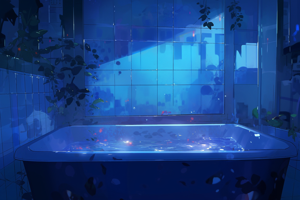 洋風のバスタブがある浴室の背景用イラスト（夜、暗い）