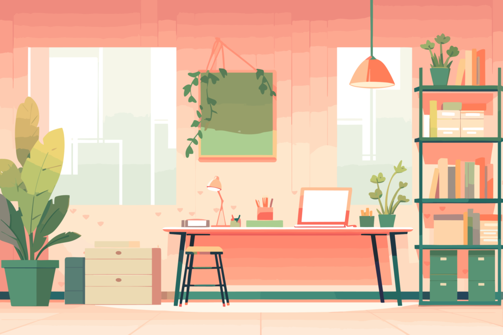 オレンジとグリーン基調のフラットな部屋の背景イラスト