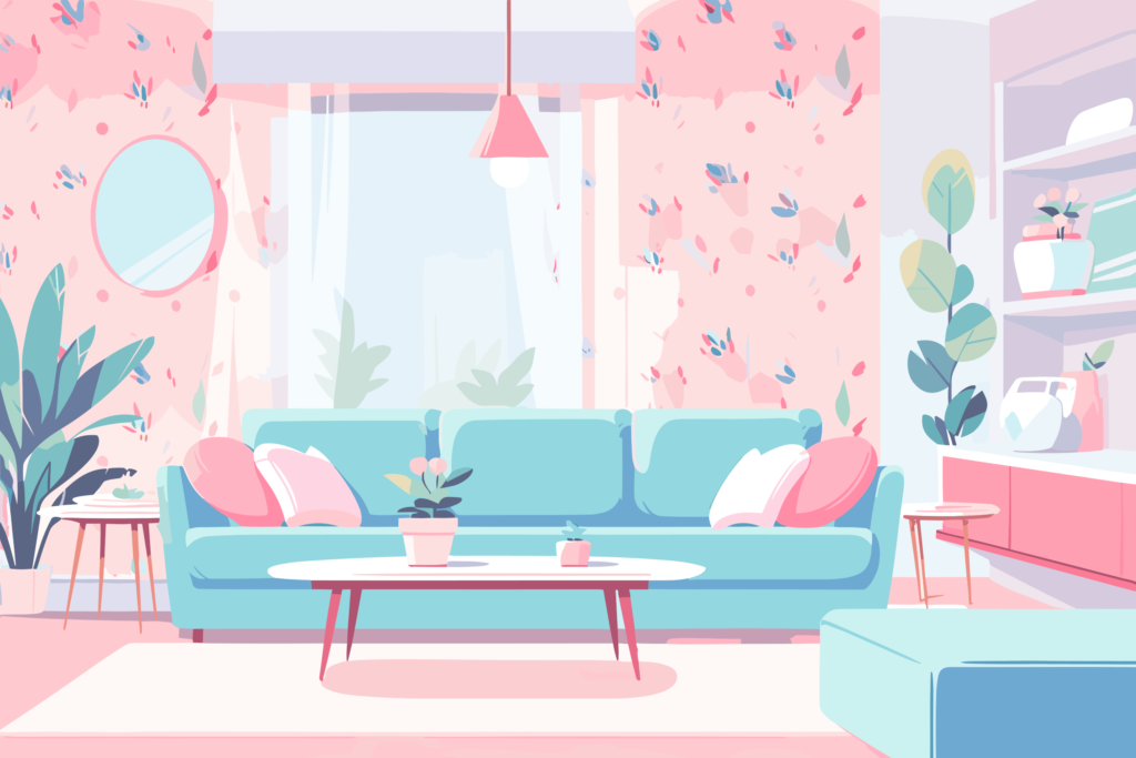 淡いブルーとピンク基調のフラットな部屋の背景イラスト