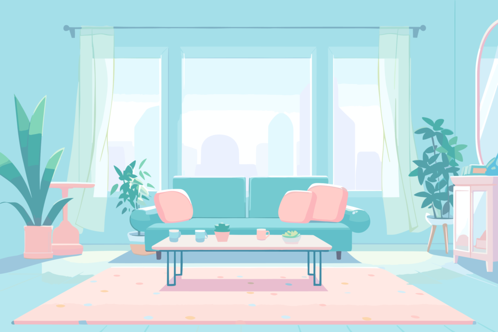 青いグリーンとピンク基調のフラットな部屋の背景イラスト