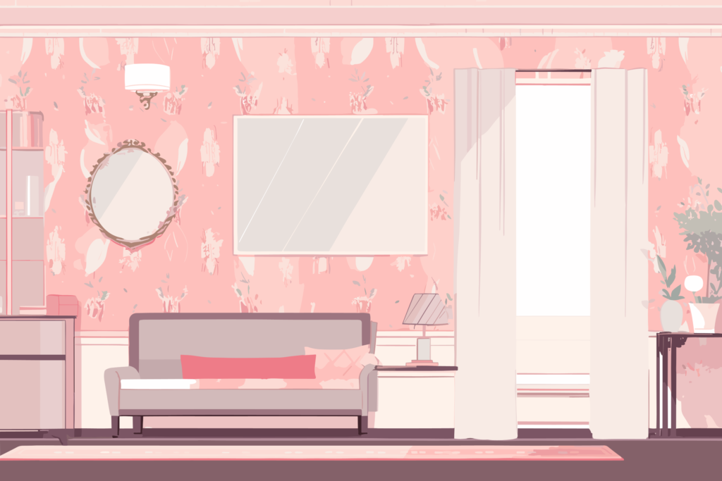 かわいいフラットデザインの部屋の背景イラスト、ソファや棚、カーテンがある